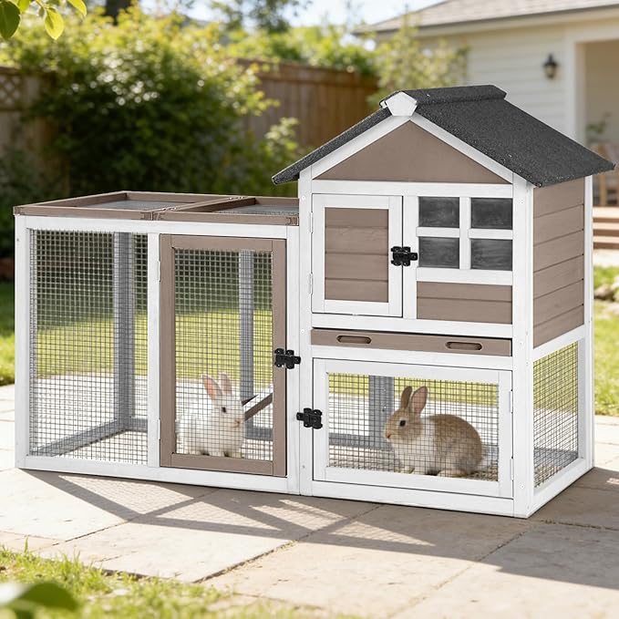 GUTINNEEN Rabbit Hutch Outdoor Rabbit Cage Indoor 51.6" L Waterproof Bunny Cage with Chew-Proof Ramp and Lockable Doors for Indoor Outdoor Use Brown