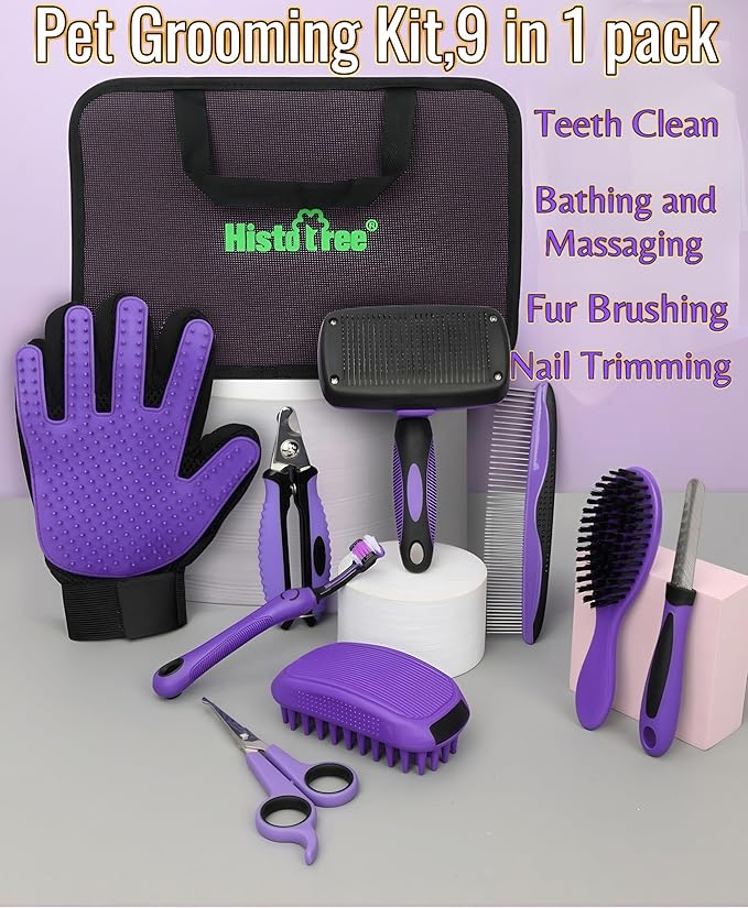 Pet Grooming Tools Kit-9 Packs Dog Cat Grooming Kit Dog Cat Grooming Supplies Dog Cat Brush Set Dog Nail Clippers and Cat Trimming Tools for Short and Long Hair Dog Cat Grooming