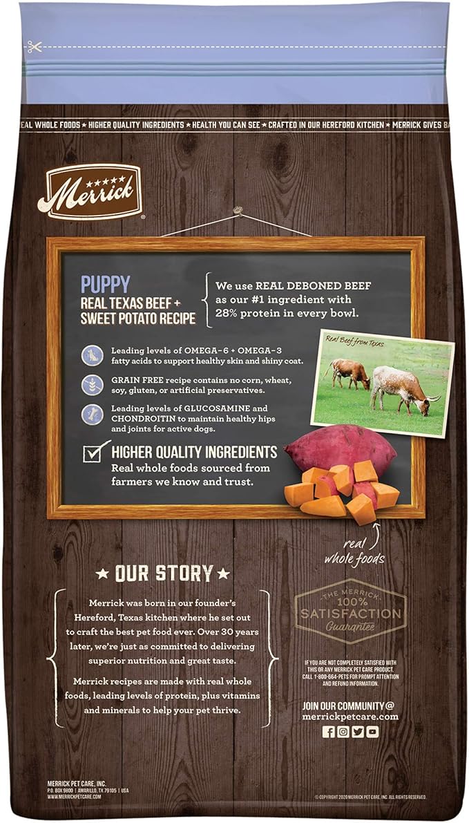 Merrick Premium Grain Free Dry Puppy Food, Wholesome And Natural Kibble With Real Texas Beef And Sweet Potato - 4.0 lb. Bag