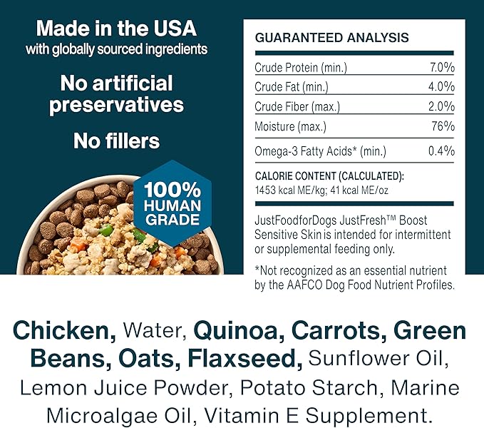 JustFoodForDogs JustFresh Boost Sensitive Skin Dog Food Toppers for Immune Support and Healthy Coat, Human-Grade Fresh Pet Meal Booster, 8 oz Pouches - 8 Pack
