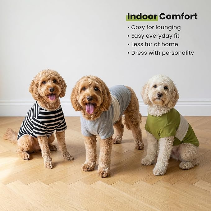 Fitwarm 3 Pack Color Block Striped Dog Shirt, Summer Dog Clothes for Small Dogs, Breathable Lightweight Pet Tshirt with Sleeves, Cat Outfit, Oliver Green, Grey, Black, XXL
