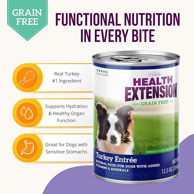 Health Extension Turkey Entrée Wet Dog Food Grain-Free, 12.5 oz – Protein-Rich Recipe, Hydration Support, Ideal for Sensitive Stomachs (Case of 12 Cans)