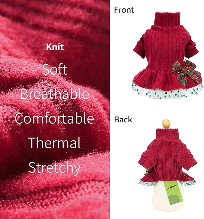 Fitwarm Christmas Outfit, Knitted Tulle Sweater Dress, Winter Clothes for Small Dogs Girl, Female Pet Apparel, Red, Green, Large