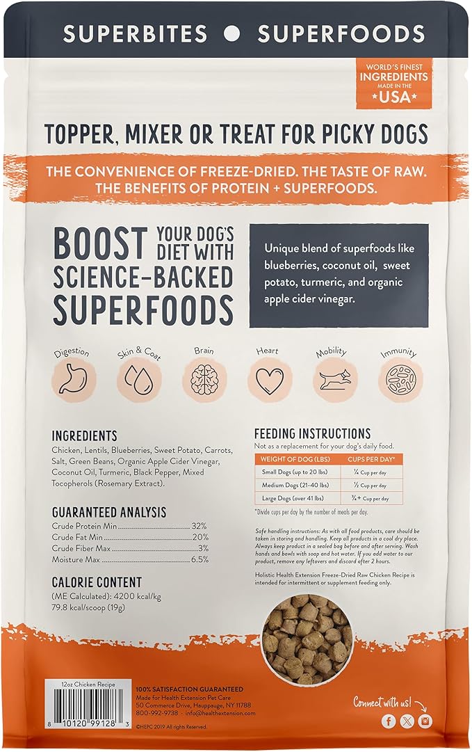 Health Extension SuperBites Freeze-Dried Raw Chicken Meal Mixer for Dogs, (12 oz, 340.2 g) – Premium Blend with Raw Proteins and Superfoods for Optimal Nutrition