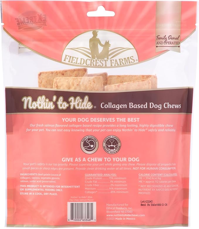 Fieldcrest Farms Nothin’ to Hide Flip Chips – Collagen-Based Rawhide Alternative Dog Chews for Moderate Chewers Up to 35 lbs, Highly Digestible, Supports Joints & Skin, Fresh Salmon Flavor, 8 Chips
