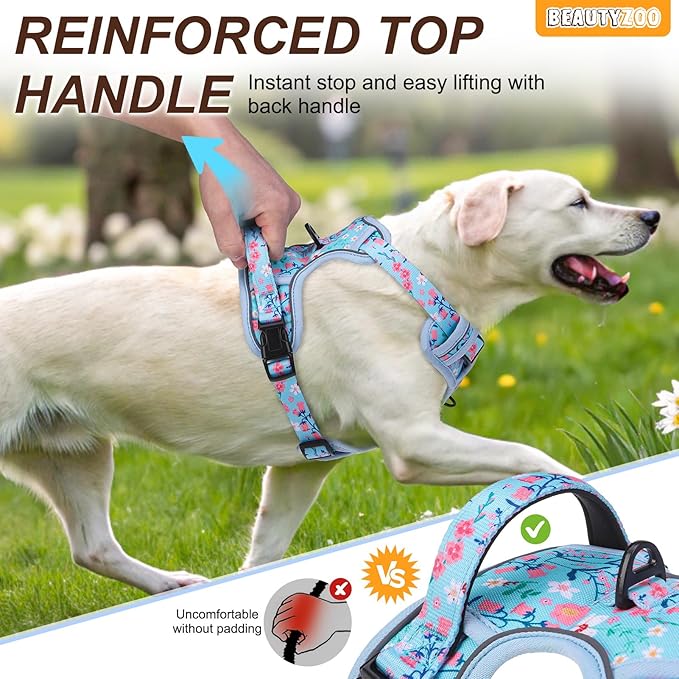 BEAUTYZOO No Pull Dog Harness Small, Adjustable Dog Harness and Leash Set -Easy Wearing with 3 Buckles/Control Handle,No Choke Soft Padded Reflective Pet Vest for Training Walking Hiking,Blue S