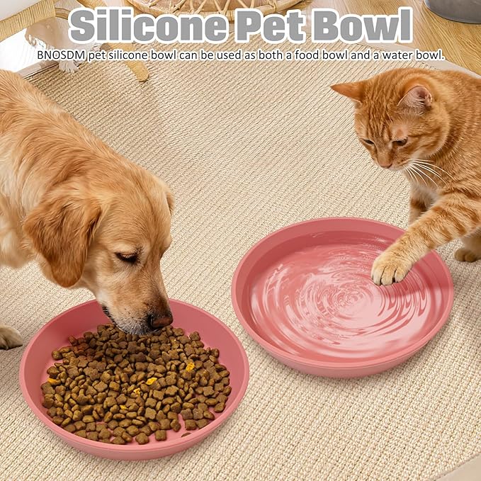 BNOSDM Silicone Cat Food Plate 2 Pack Shallow Dog Bowl Flat Puppy Feeding Dish for Small Dogs and Cats Whisker Fatigue Pet Plates for Dry and Wet Food (Rose Red)