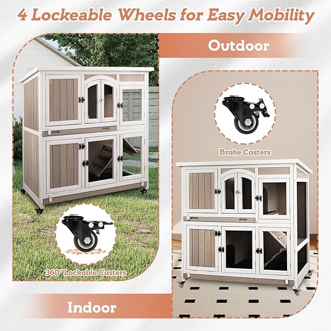 2 Story Large Rabbit Hutch Indoor with 2 Deeper Pull-Out Trays, Wooden Rabbit Cage with 4 Lockable Wheels, Ramp, Chew-Anti Metal Strip for Rabbit, (47" L x 18" W x 42" H)