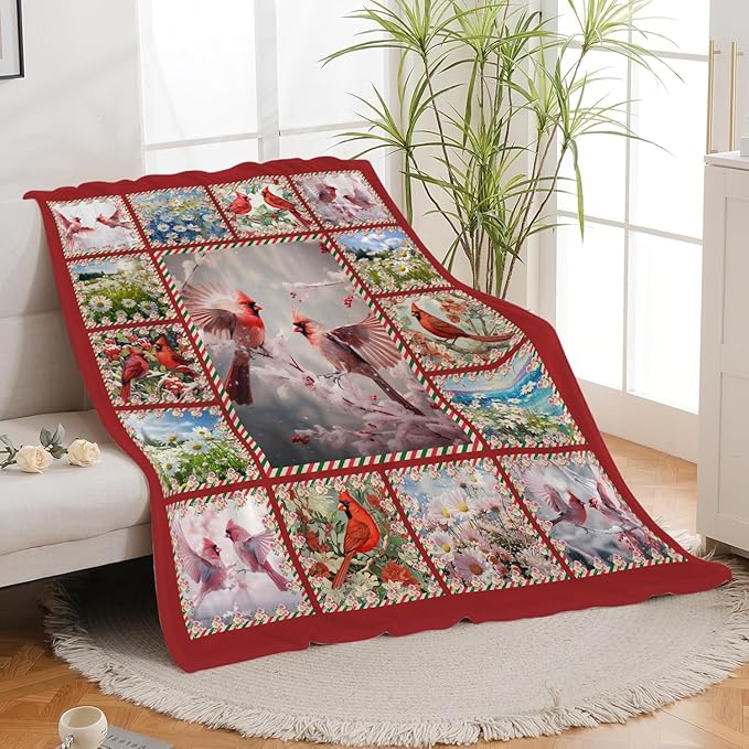 Cardinal Blanket Red Birds Throw Blanket Gifts for Women Men Boys Girls Kids Adults Super Soft Cozy Plush Fluffy Fuzzy Fleece Blanket Home Decor 50''X60''