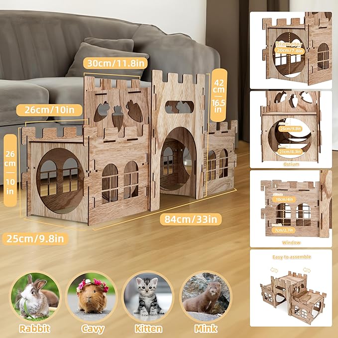 HIIMALEX Extra Large Bunny Castles Hideout Split Balcony for Indoor Bunnies Climbing Tower with Tunnel Sturdy House for Rabbits Ferrets Guinea Pigs Hamsters Ventilated Enrichment Toys Habitat