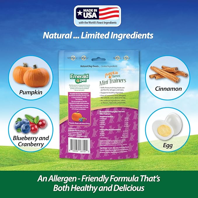 Emerald Pet Pumpkin Harvest Mini Trainers with Blueberris and Cranberries Chewy Dog Treats Made in The USA, Pumpkin with Mixed Berry 6oz (Mixed Berry Mini)