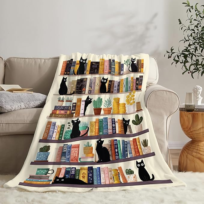 Black Cat Throw Blanket Book Cat Bookshelf Stuff Gifts for Kids Girls Boys Adults Women Men Soft Cozy Warm Plush Fluffy Fuzzy Fleece Blanket Decor 60''X80''