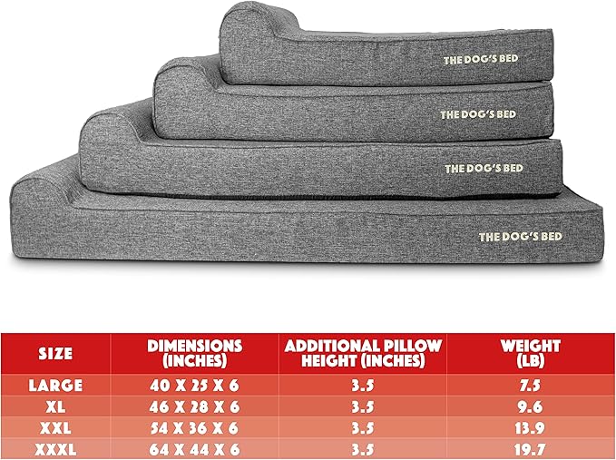The Dog’s Bed Orthopedic Memory Foam Dog Bed with Headrest, Calming Surface – CertiPUR-Certified Foam, Linen Fabric, Grey Linen, XL, 6-Inch