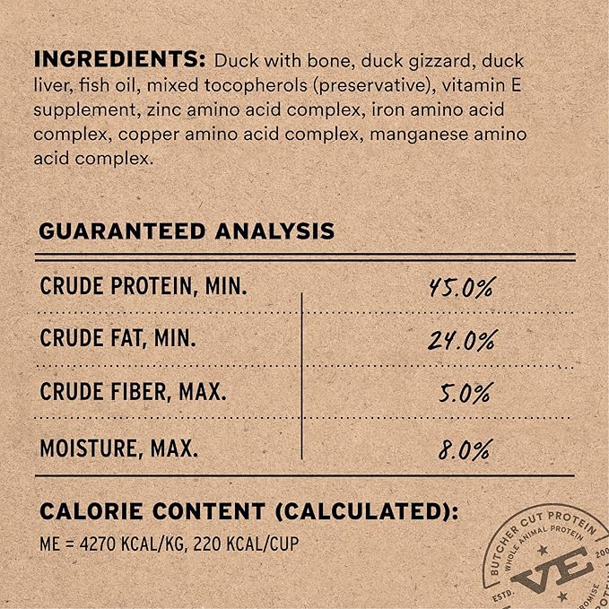 Vital Essentials Freeze Dried Dog Food, Raw Duck Crunchy Mini Nibs | Complete Meal or Topper | 96% Duck, Organs & Bone | Limited Ingredient, High Protein, Grain Free Dry Dog Food | 5.5 oz Bag