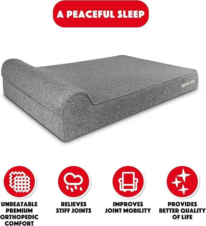 The Dog’s Bed Orthopedic Memory Foam Dog Bed with Headrest, Calming Surface – CertiPUR-Certified Foam, Linen Fabric, Grey Linen, XXL, 6-Inch
