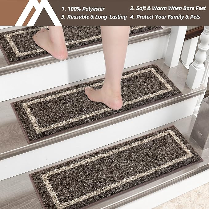 COSY HOMEER Soft Stair Treads Non-Slip Carpet Mat 28inX9in Indoor Stair Runners for Wooden Steps,Stair Rugs for Kids and Dogs, 100% Polyester TPE Backing 10pcs,Brown