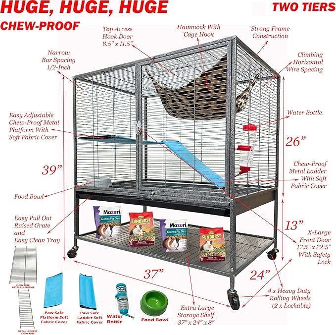 Huge 37" L x 24" W x 39" H Two Tiers Tight 1/2-Inch Bar Spacing Large Front Doors for Feisty Ferret Hammock Chinchilla Rat Mouse Hamster Gerbil Small Animals Critters Rolling Cage