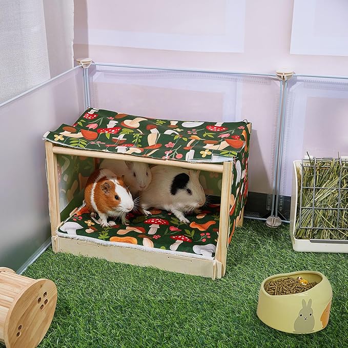 Glittme Guinea Pig Hideout, Wooden Guinea Pig Bed with Waterproof Mat, Durable Rabbit Bed with Door Curtain for Guinea Pig, Rabbit, Ferret, Squirrel, Bunny