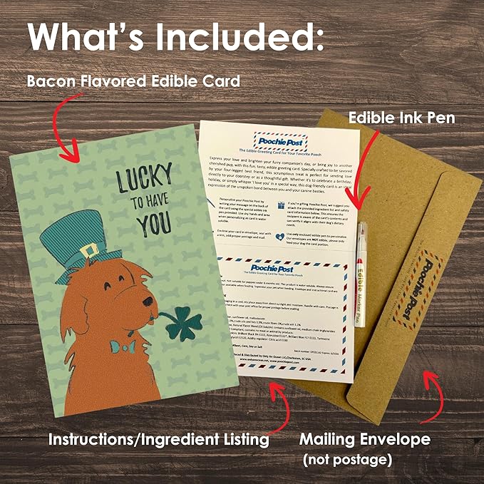 Poochie Post Holiday Edible Greeting Card for Dogs, Bacon-Flavored St. Patrick's Day Dog Treat Gift with Edible Ink Pen, "Lucky To Have You" Design, Gluten & Grain Free, Made in USA