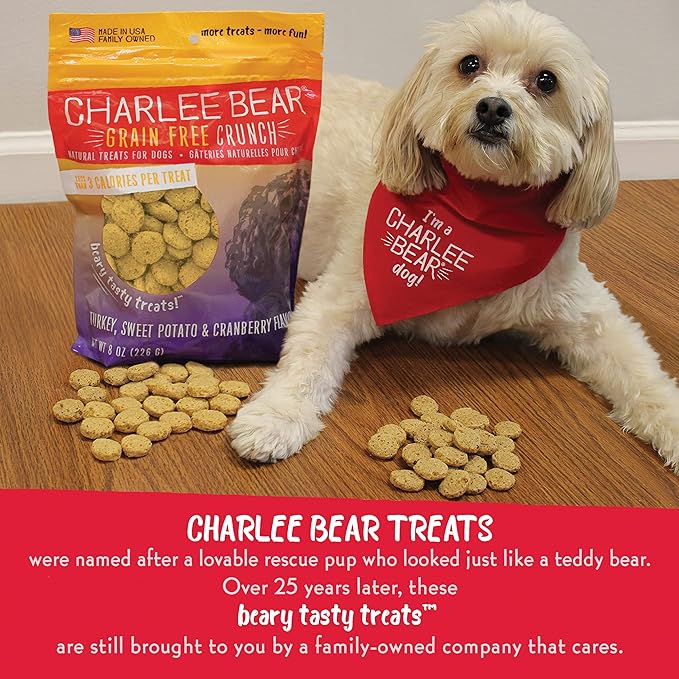Charlee Bear Dog Treats Small Dogs Training Treats Crunchy Low Cal, Grain Free Canine Snacks, USA, Puppy Training Biscuits, Turkey, Sweet Potato & Cranberry, 4 Pack, 8oz Ea