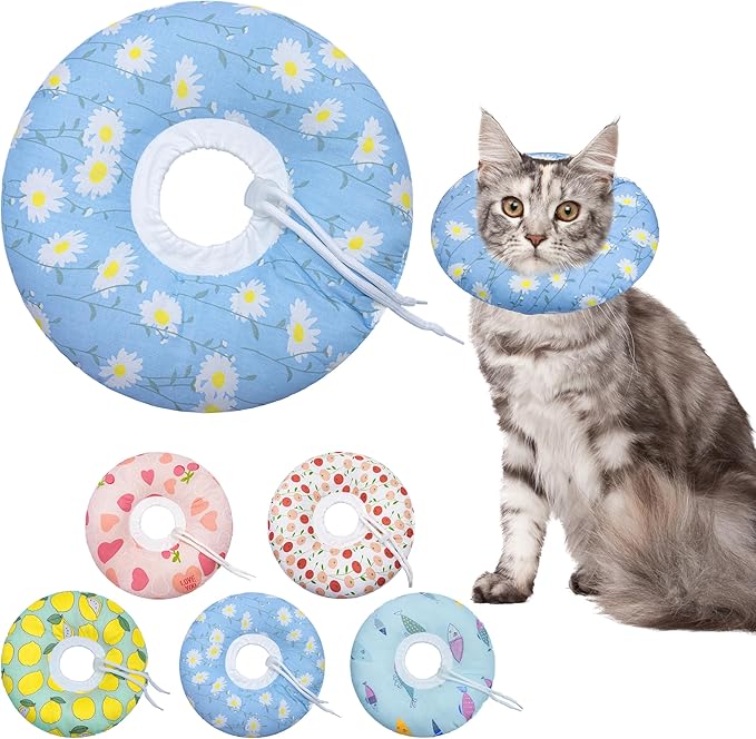 Seyezo Cat Cone Collar Soft, Adjustable Cat Recovery Collars Kitten Cones to Stop Licking, Cute Donut E Collar After Surgery, Anti-Lick Wound Healing Elizabethan Collar for Kitten(Blue Daisy, Medium)