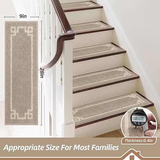 BEQHAUSE Stair Treads for Wooden Steps Non Slip Washable Carpet Stair Treads with Reusable Residue Free Backing Soft Polyester Stair Rugs Indoor for Kids Elders and Dogs 9”x28”,4pcs,Taupe