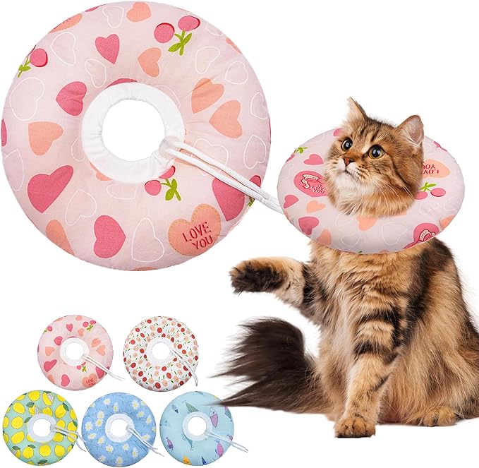 Seyezo Cat Cone Soft Collar, Adjustable Cat Recovery Collar for Small Medium Large Cats, Cute Donut E Collar After Surgery, Anti-Lick Wound Healing Elizabethan Collar for Kittens (Pink Heart, Large)
