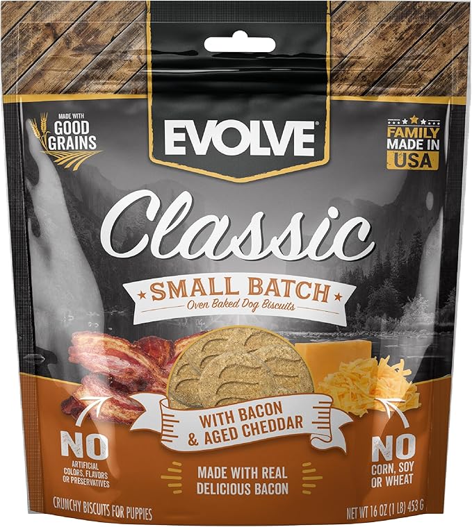 Evolve Classic Small Batch Oven Baked with Bacon and Aged Cheddar Cheese Biscuits Dog Treats, 16oz