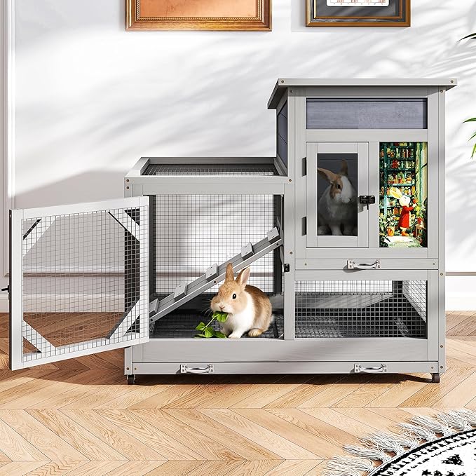 COZIWOW Rabbit Hutch Indoor Outdoor with No-Spill Design, 2 Wire Floors & Removable Trays, 2-Story Large Wooden Bunny Cage on Wheels, Chewproof Ramp for Multiple Small Animals, Gray