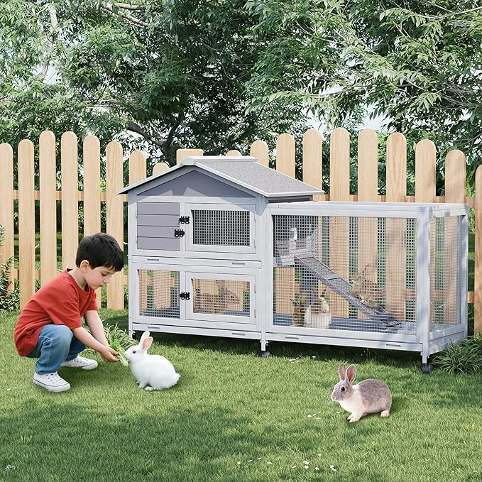 GarveeLife Rabbit Hutch with Weatherproof Asphalt Roof, Bunny Hutch with Wheels & Pull-Out Tray, Rabbit Cage Guinea Pig Cages for Small to Medium Animals, Indoor Outdoor Use, Grey