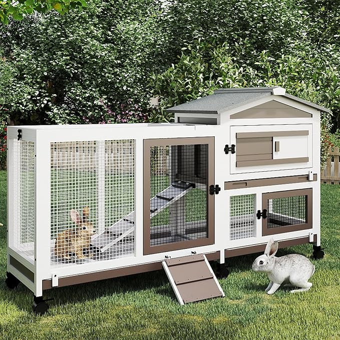 Gowoodhut Rabbit Hutch Indoor Outdoor 2 Story Bunny Cage with 3 No Leak Trays,55.31" L Guinea Pig Cages Rabbit Cage with 6 Wheels for Guinea Pig,Rabbit for Rabbit Lover|Pet Lover(White/Grey)