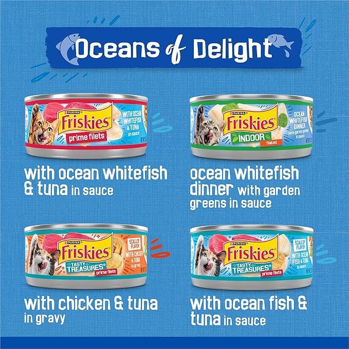 Purina Friskies Wet Cat Food Variety Pack, Oceans of Delight Flaked and Prime Filets - (Pack of 40) 5.5 oz. Cans