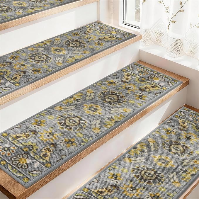 COSY HOMEER-Stair-Treads-for-Wooden-Steps Washable Indoor Carpet Stair Treads Non Slip 8" X 30" Soft Stair Carpet Treads Reusable Peel and Stick Stair Runner Rug for Kids, Elders and Pets 4pcs