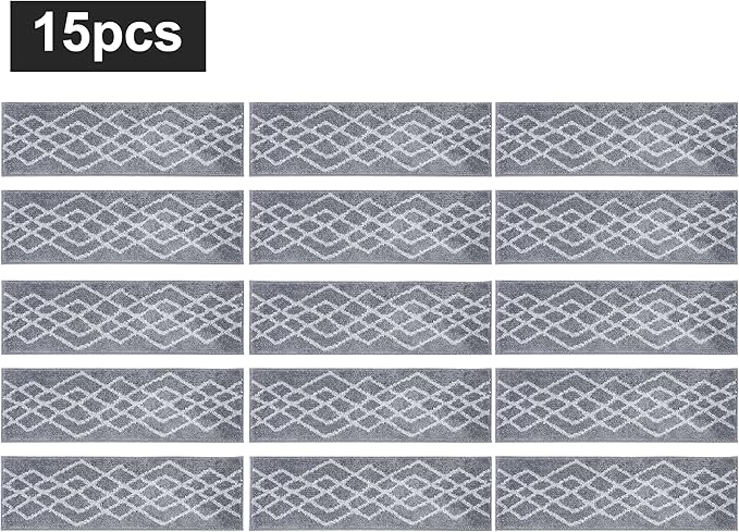 COSY HOMEER Soft Stair Treads 15pcs Non-Slip Carpet Mat 28inX9in Indoor Stair Runners for Wooden Steps,Stair Rugs for Kids and Dogs, 100% Polyester TPE Backing Grey,Rhombus