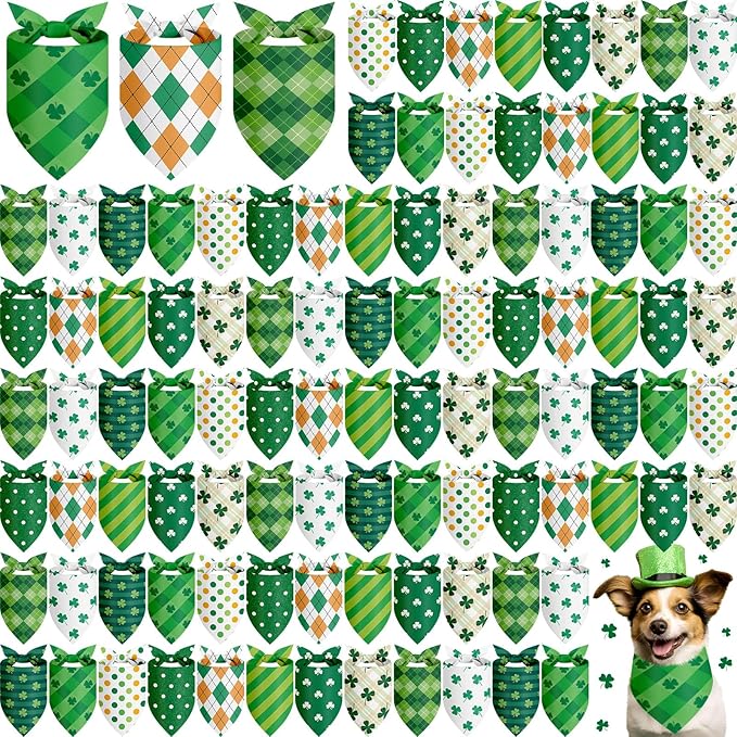 Shyyween 100 Pcs St Patricks Day Bandanas Bulk for Dogs Adjustable Irish Shamrocks Clover Green Plaid Triangle Soft Bibs Puppy Bandana for Small Medium Large Pet Costume(25.6 x 17.7 x 17.7 Inch)