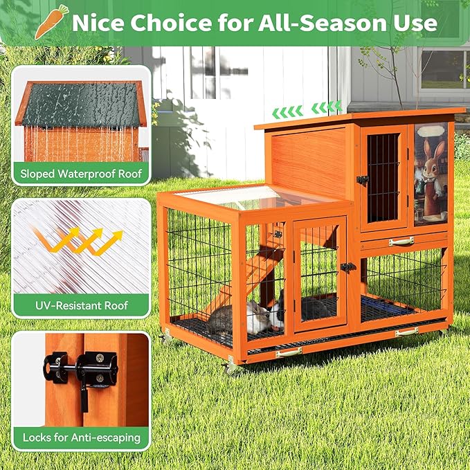 COZIWOW Rabbit Cage Indoor with Wire Bottom, 2-Level Large Wooden Bunny Hutch on Wheels Outdoor for Multiple Small Animals, Orange + Colorful Patterns