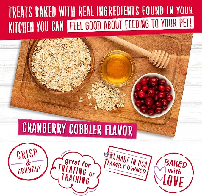 Charlee Bear Crunchy Dog Treats, Bearnola Bites Cranberry Cobbler, Puppy Training Treats, Vegan Dog Snacks, 8 oz Bags (2), Made USA