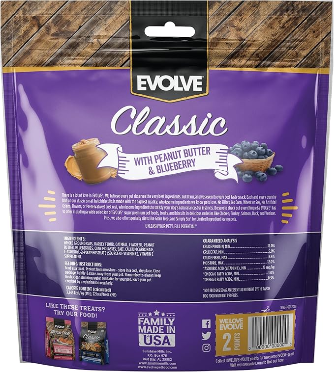 Evolve Classic Small Batch Oven Baked with Peanut Butter and Blueberry Biscuits Dog Treats, 16oz