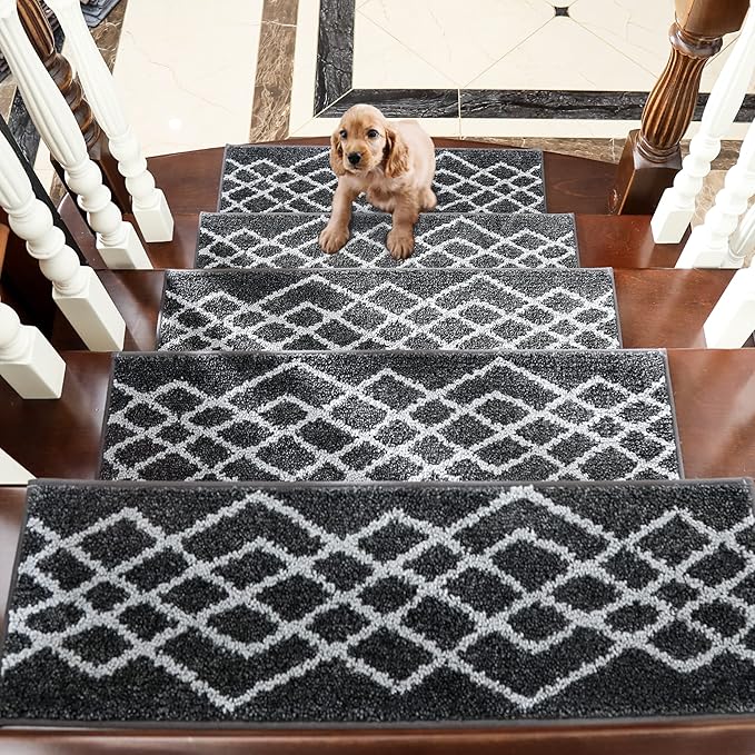 COSY HOMEER Soft Stair Treads Non-Slip Carpet Mat 28inX9in Indoor Stair Runners for Wooden Steps,Stair Rugs for Kids and Dogs, 100% Polyester TPE Backing 7pcs,Black,Rhombus