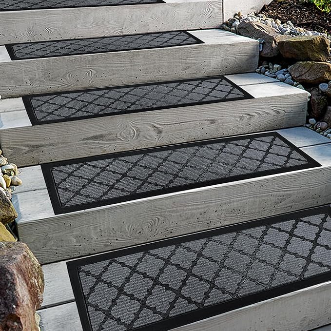 Aucuda 6pcs Stair Treads Outdoor for Dogs on Wooden Steps Non Slip 8.5" x 30" Stair Runner Rug Heat Insulation Rubber Backing, Gray Lattice Staircase Mat Carpet for Indoor Grip Farmhouse.