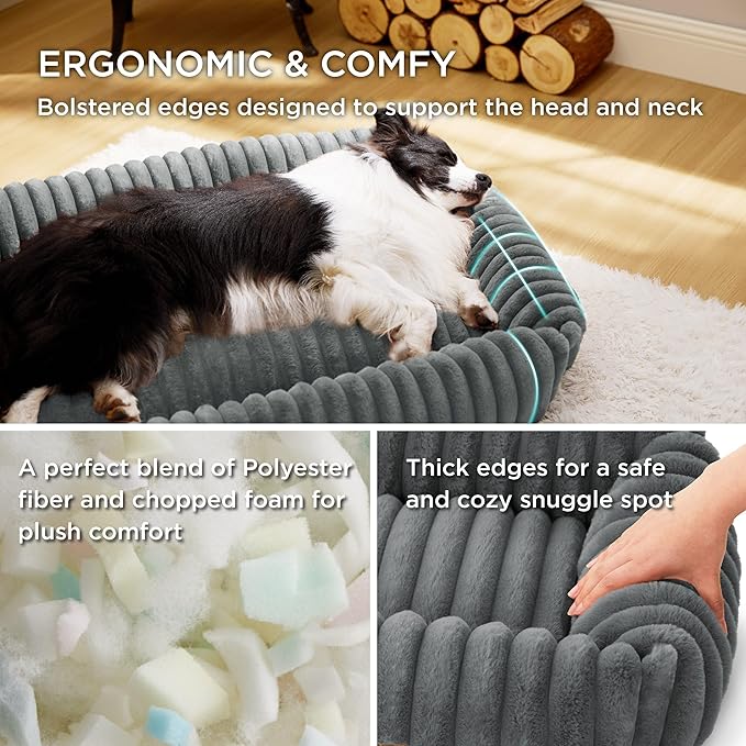 Bedsure ComfyFleece™ Cute Dog Bed for Small Dogs & Cats - Washable Furry Puppy Beds, Rectangle Orthopedic Corduroy Fleece Pet Beds with Removable Zipper Cover, 20x19x6inches, Warm Grey