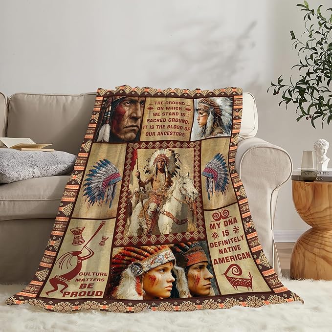 Native American Throw Blanket Indian Southwest Native American Cacique Stuff Gifts for Adults Women Men Soft Cozy Warm Plush Fluffy Fuzzy Fleece Blanket Decor 60''X80''