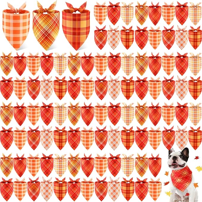 Shyyween 100 Pieces Thanksgiving Fall Dog Bandanas Bulk Plaid Bandanas for Dogs Autumn Soft Triangle Kerchief Bibs Adjustable Triangle Doggie for Small Medium Large Pets Party Costume