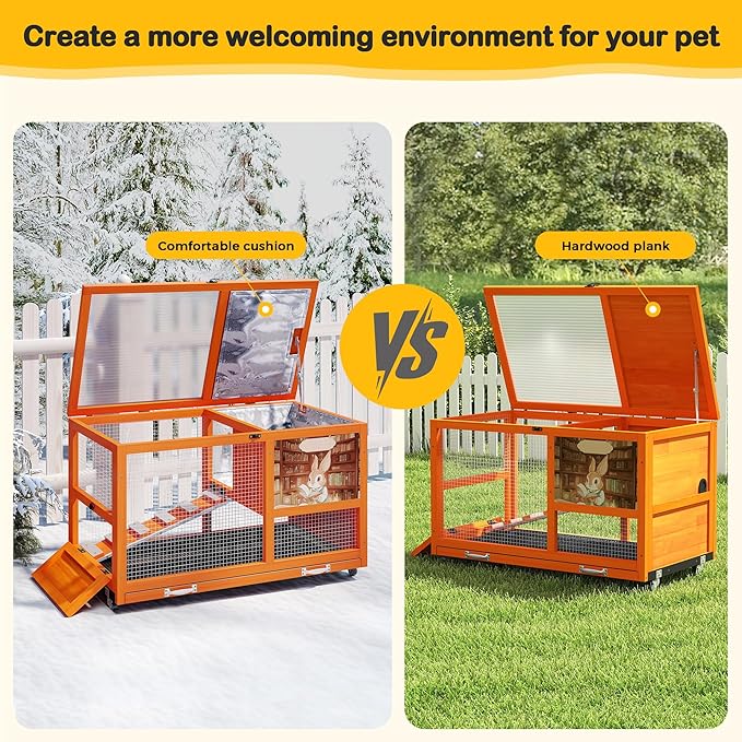 COZIWOW 36.5-Inch Double-Decker Wooden Insulated Rabbit Hutch with Wheels, Heated Rabbit Cage Featuring A Cleaning Tray and Ladder—Stylish&Easy to Assemble（Orange and Warm）