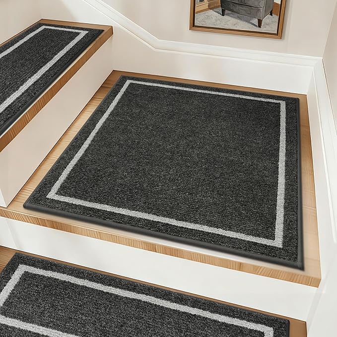 COSY HOMEER Stair Landing Rug 30x30 Inch, Non-Slip Square Landing Mat for Wood Steps Indoor, Washable Polyester with TPE Backing, Black