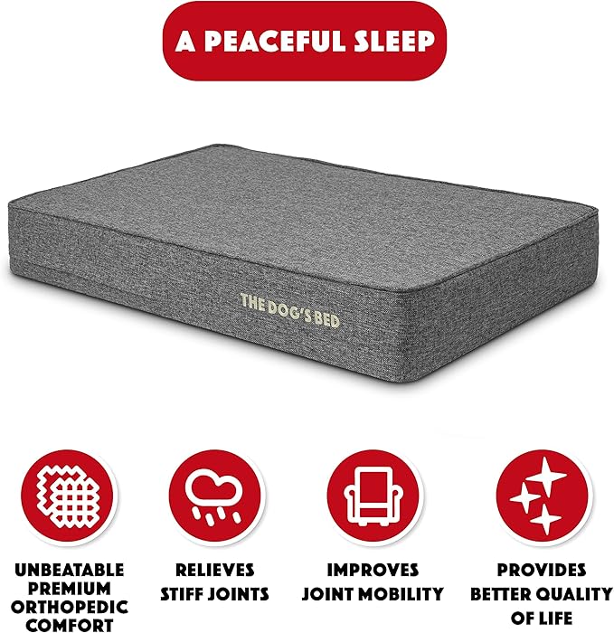 The Dog’s Bed Orthopedic Memory Foam Dog Bed for Large Dogs, Waterproof Washable Cover, Anti-Slip Base, Calming Surface – CertiPUR-Certified Foam, Grey Linen, 6 Inch Thick