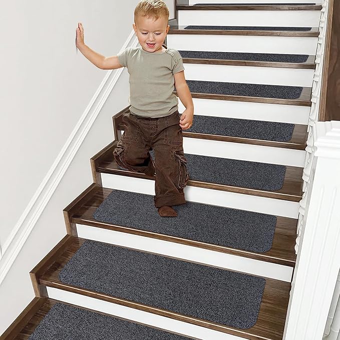 COSY HOMEER Stair Treads Non-Slip Carpet Mat 28inX9in Indoor Stair Runners for Wooden Steps, Stair Rugs for Kids and Dogs, 100% Polyester TPE Backing 7pcs,Black,Protect Floor