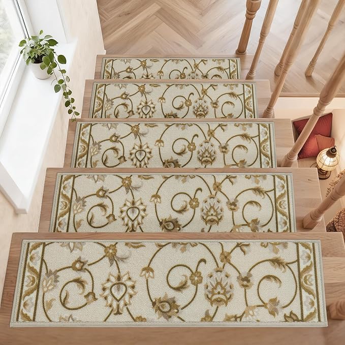 COSY HOMEER-Stair-Treads-for-Wooden-Steps Washable Indoor Stair Treads Non Slip 8" X 30" Soft Stair Carpet Treads Reusable Peel and Stick Stair Runner Rug for Kids, Elders and Pets 4pcs