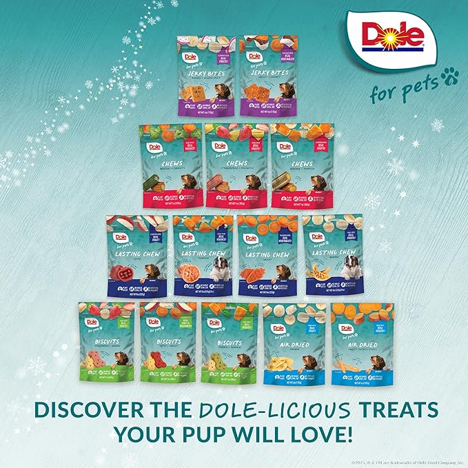 Dole for Pets Snowy Strawberry Dog Chews, Strawberry Flavored Treats with Real Fruit Powders, Vegan Plant-Based, No Wheat Corn Soy or Artificial Colors Flavors Preservatives, 7 Oz Bag