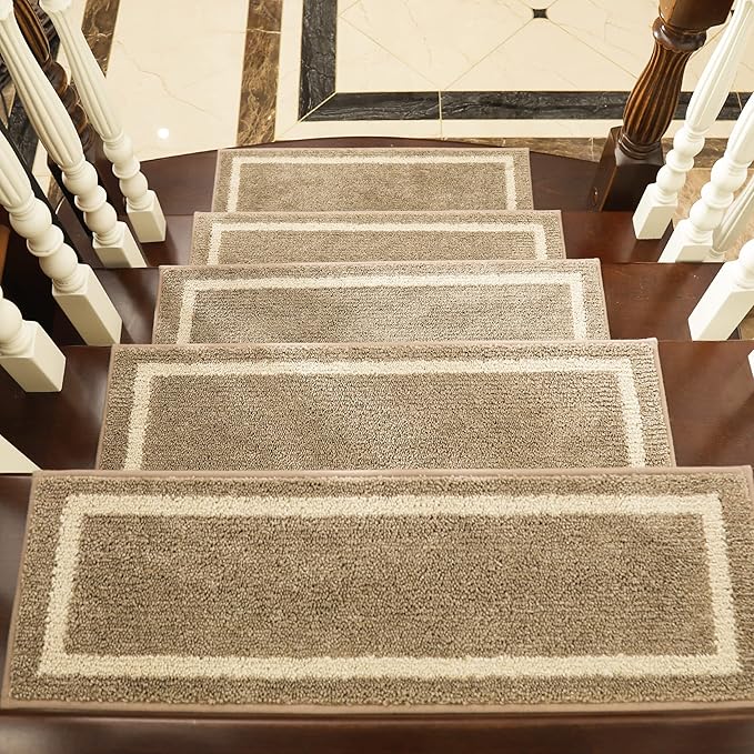 COSY HOMEER Soft Stair Treads Non-Slip Carpet Mat 28inX9in Indoor Stair Runners for Wooden Steps, Stair Rugs for Kids and Dogs, 100% Polyester TPE Backing 7pcs, Beige